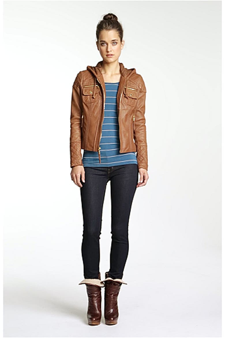 Hooded Leather Jacket, Alternate, color, BROWN