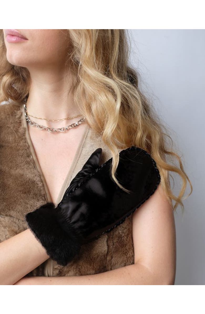 Agnelle Marie-Alix Rabbit Fur Lined Lambskin  Mitten, Alternate, color, Noir/Noir