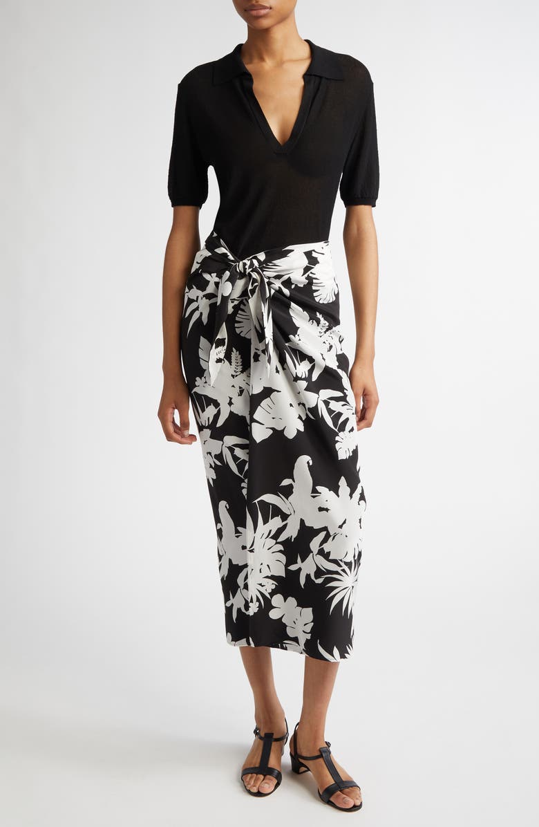 Max Mara Studio Lauto Tropical Print Silk Wrap Skirt, Alternate, color, Black