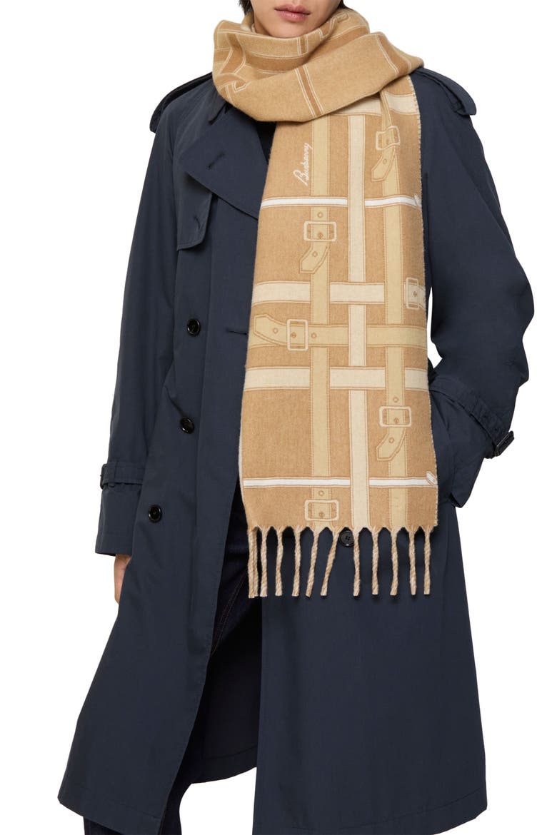 Belt Jacquard Cashmere Fringe Scarf, Main, color, SAND