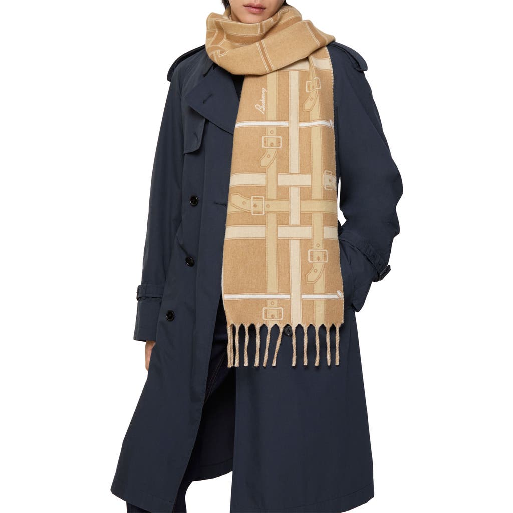 Burberry Belt Jacquard Cashmere Fringe Scarf In Sand