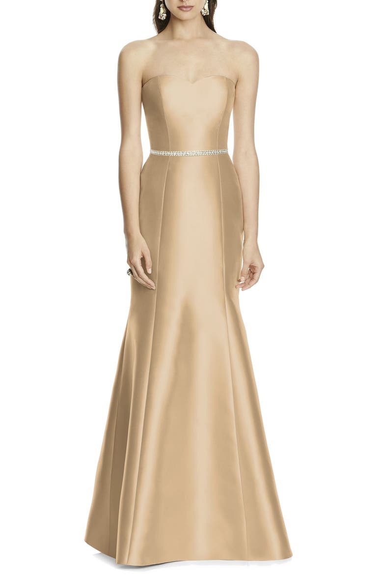 Strapless Sateen Trumpet Gown, Main, color, GOLDEN