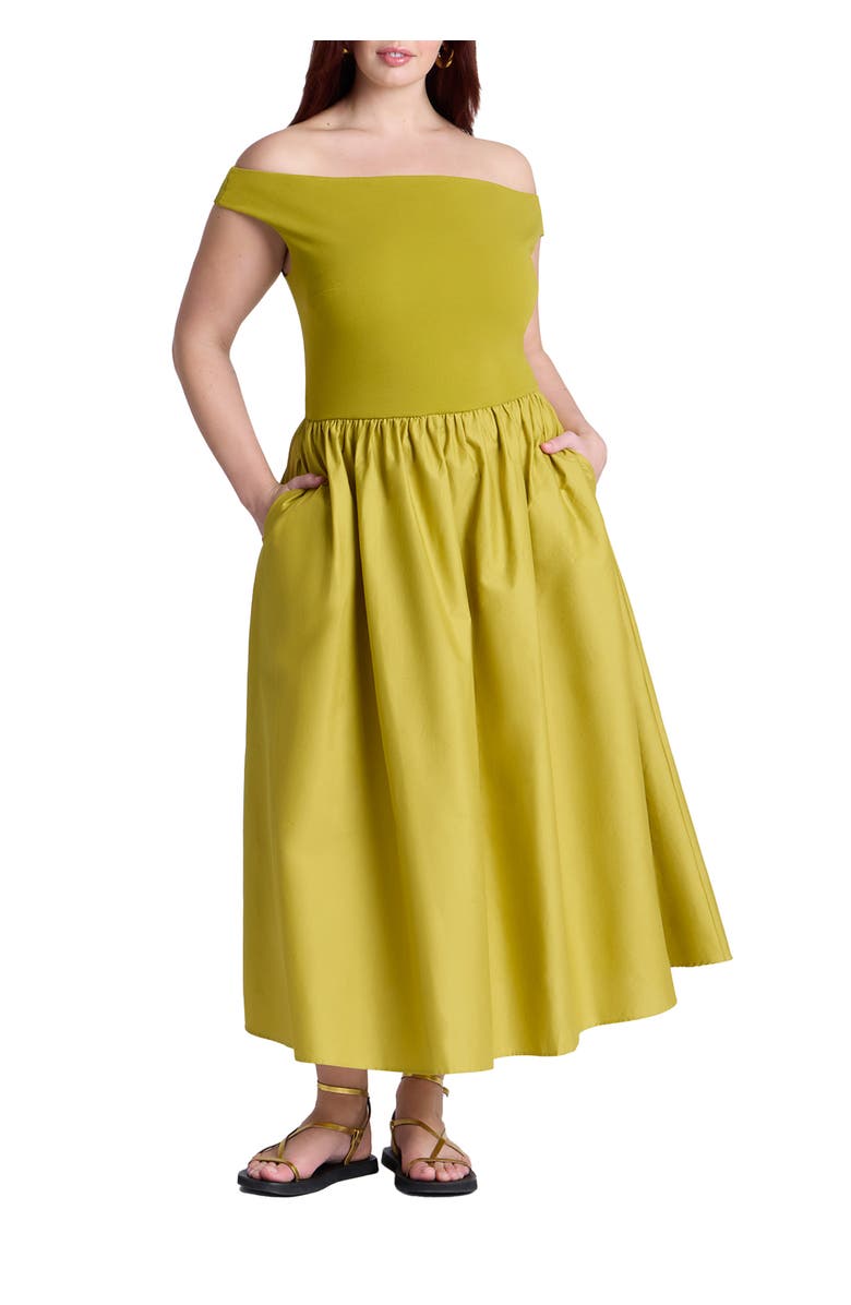 ELOQUII Boat Neck Mixed Fabric Dress, Main, color, Chartreuse
