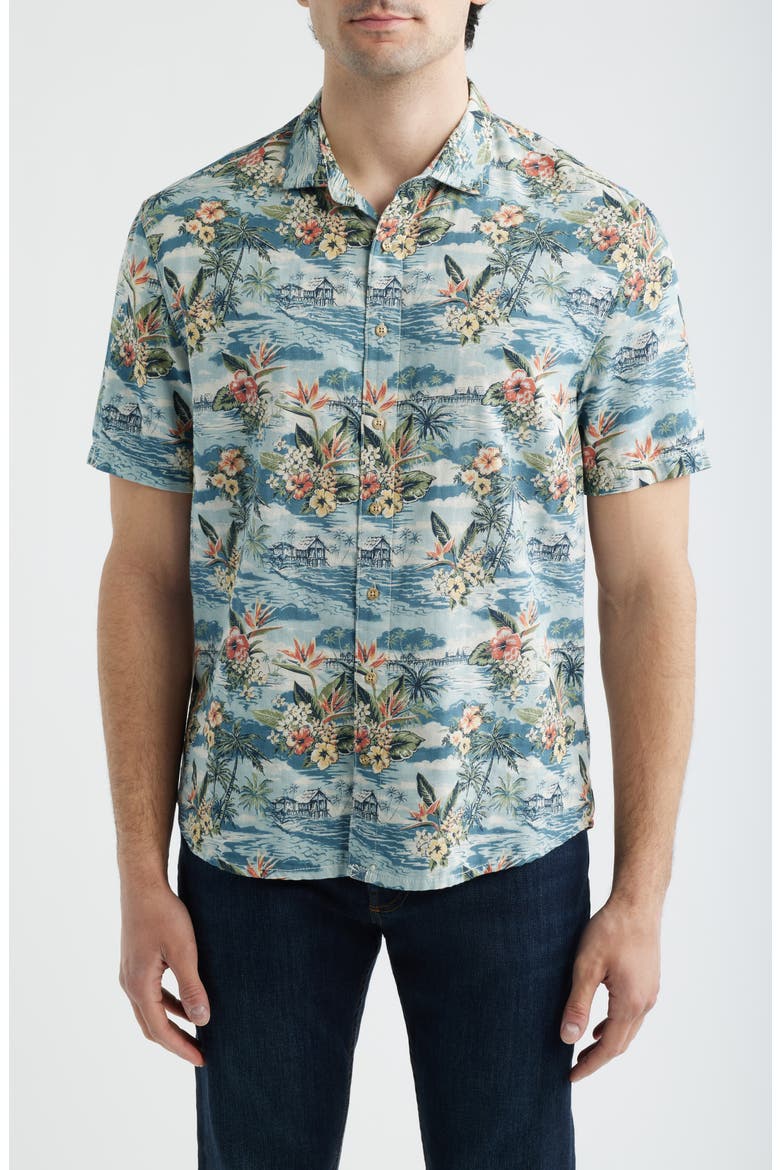 Almanzo Tropical Print Cotton Blend Sport Shirt, Main, color, LAGUNA BLUE