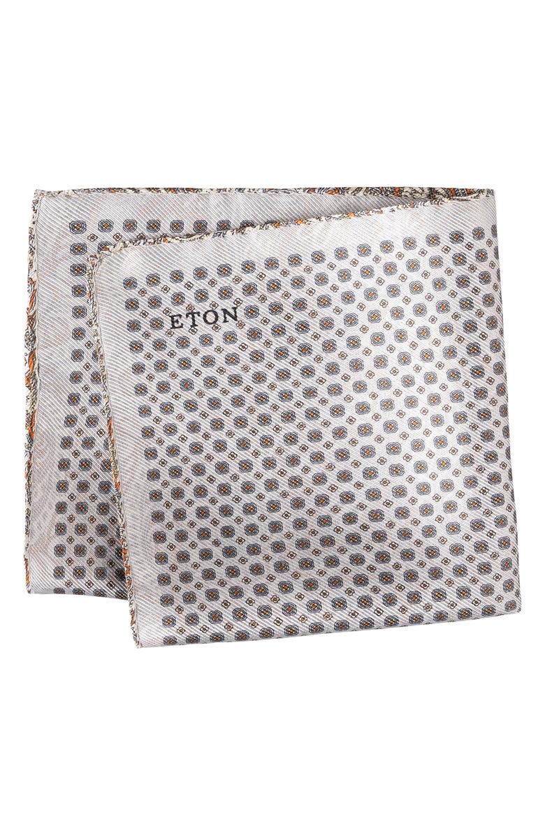 Eton Medallion & Paisley Reversible Silk Pocket Square, Main, color, Light Grey