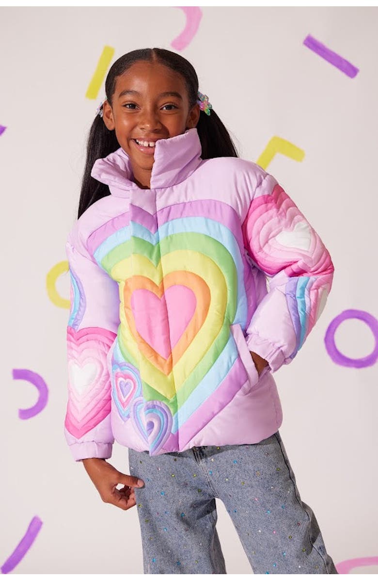 Lola + The Boys Rainbow Heart Puffer, Alternate, color, Multicolor