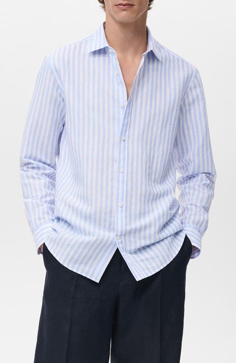 Regular Fit Stripe Slub Linen & Cotton Button-Up Shirt