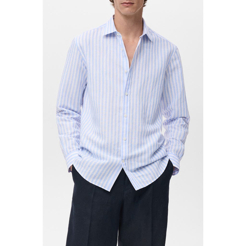 Mango Regular Fit Stripe Slub Linen & Cotton Button-up Shirt In Blue