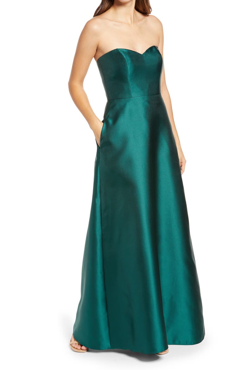 Alfred Sung Strapless Satin A-Line Gown, Main, color, 