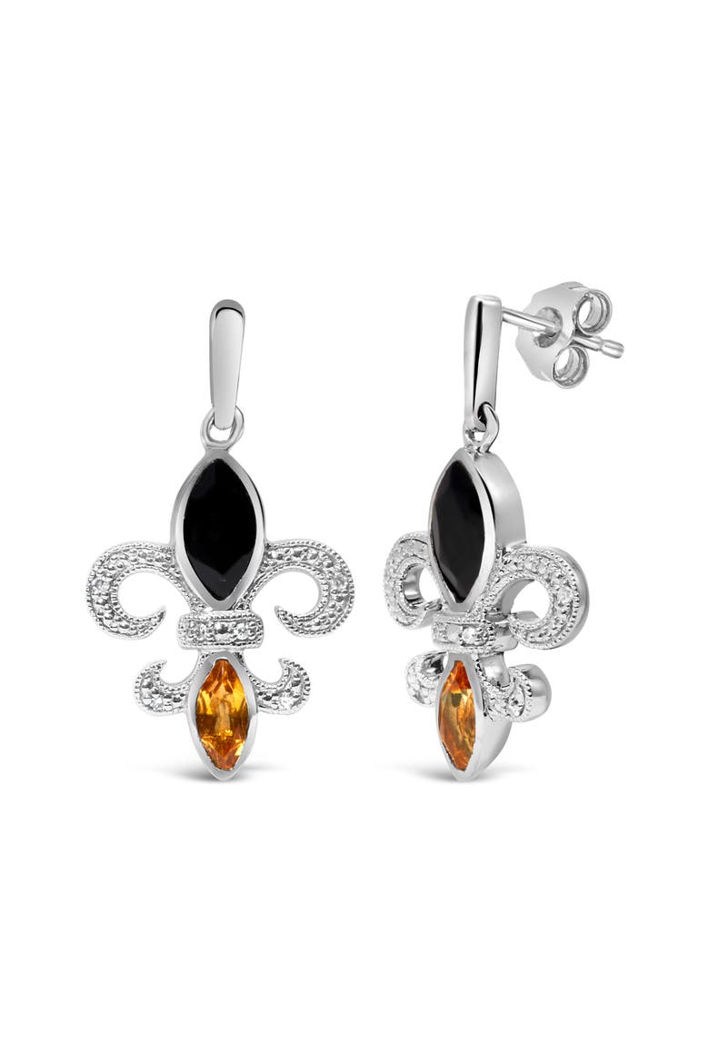 Silver Marquise Onyx and Citrine Diamond Accent Fleur De Lis Drop Stud Earrings, Alternate, color, White