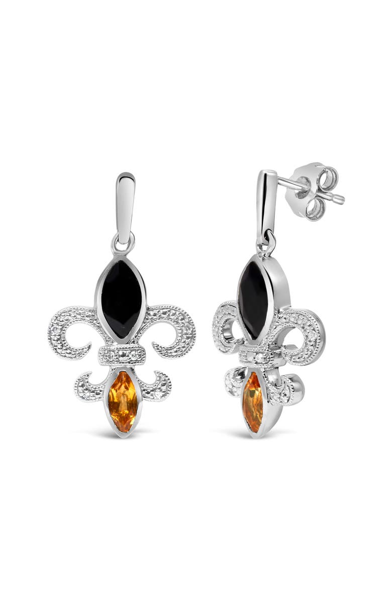 Haus of Brilliance Silver Marquise Onyx and Citrine Diamond Accent Fleur De Lis Drop Stud Earrings, Alternate, color, White