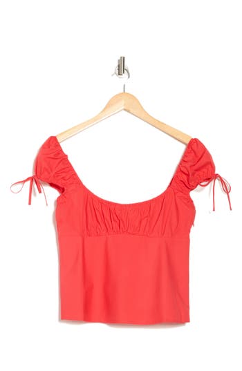 Elodie Shirred Cap Sleeve Cotton Crop Top In Red