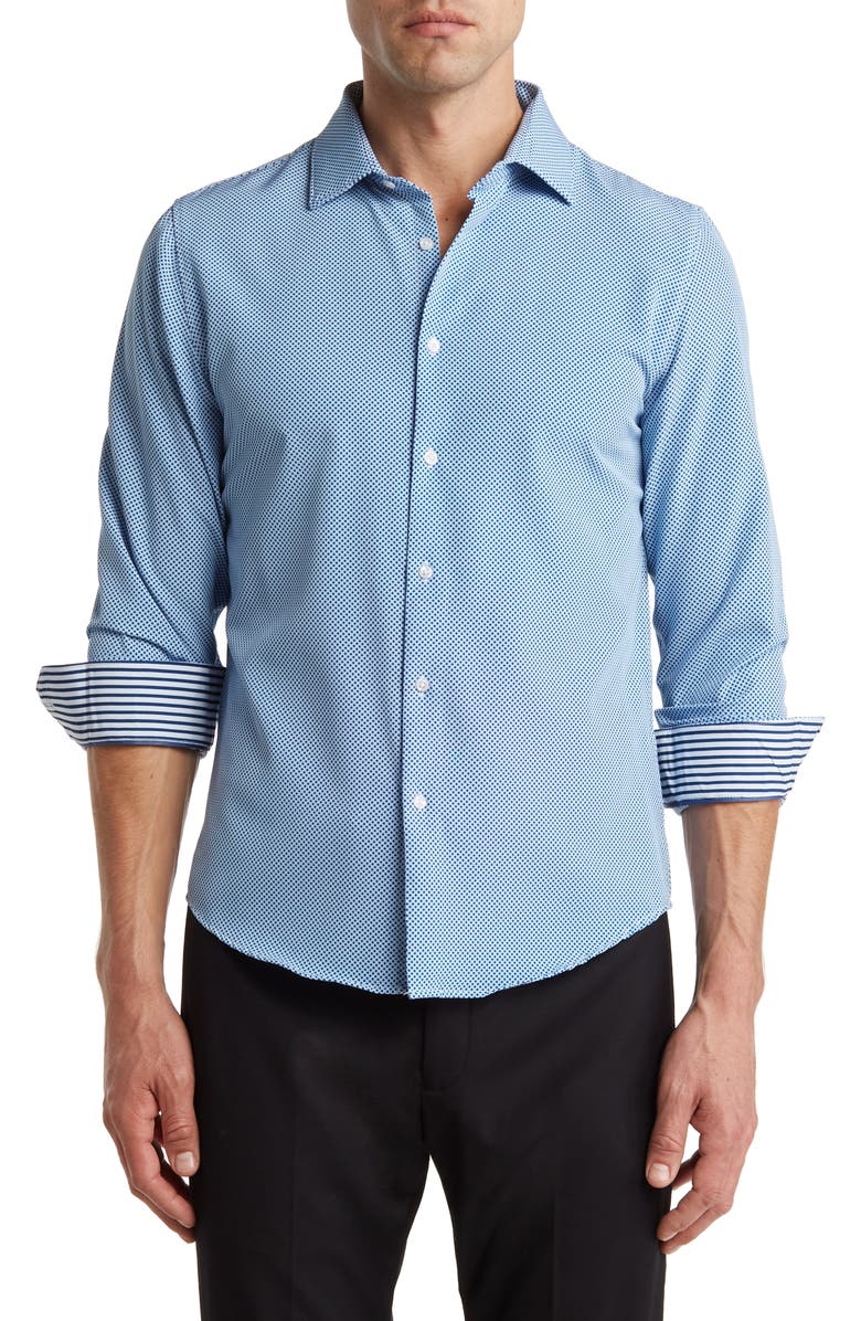 DENIM AND FLOWER Geo Print Stretch Button-Up Shirt, Main, color, 