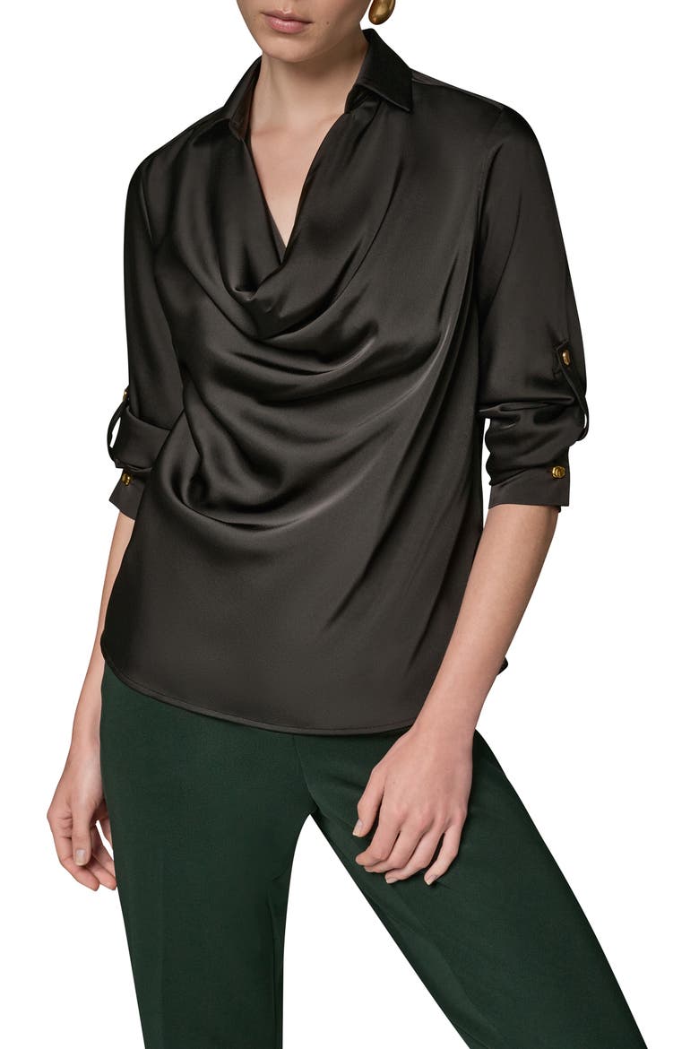 Cowl Neck Top with Roll Sleeves, Alternate, color, BLACK