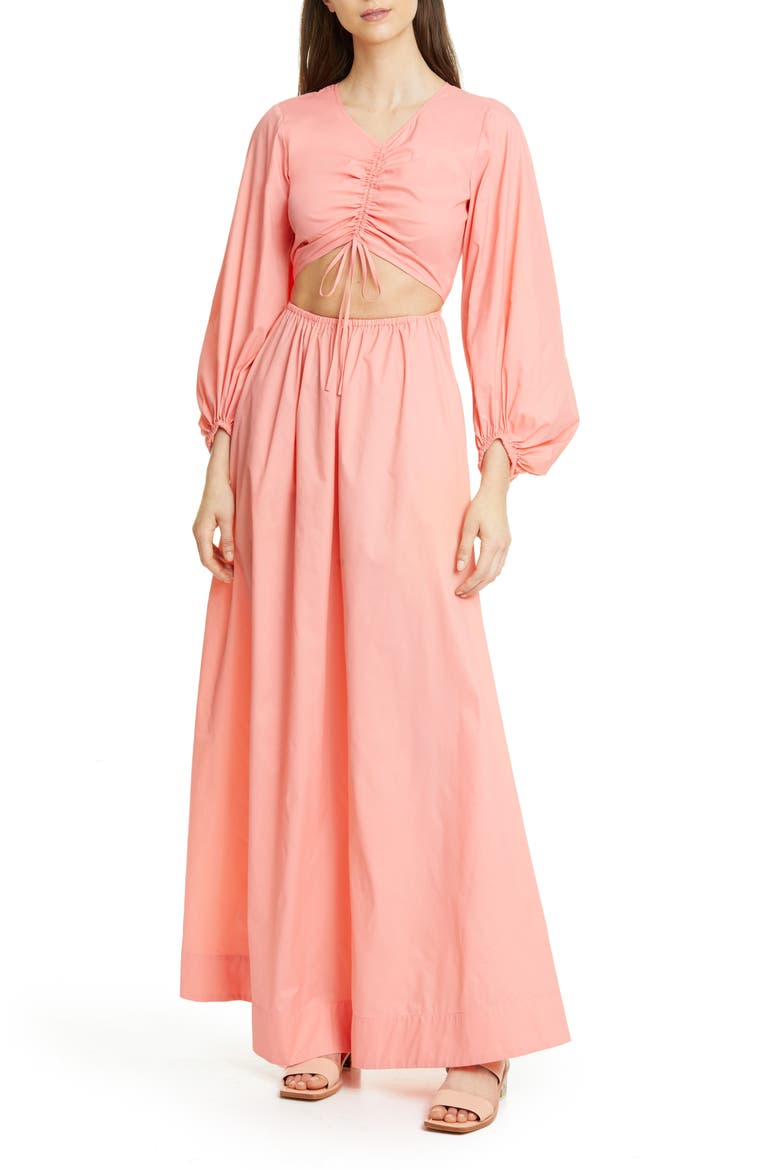 Tangier Cutout Long Sleeve Nylon Maxi Dress, Main, color, CORAL