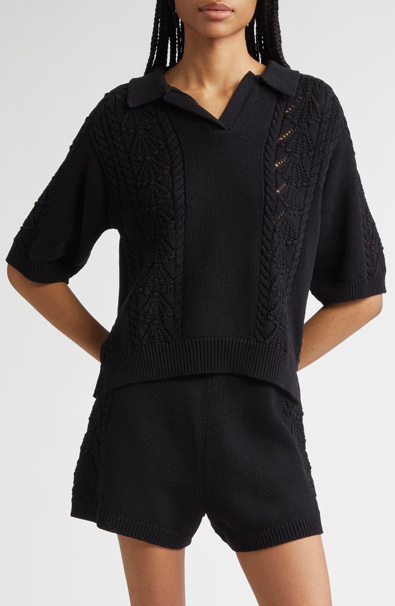 LOULOU DE SAISON Kina Johnny Collar Cotton Sweater, Main, color, Black