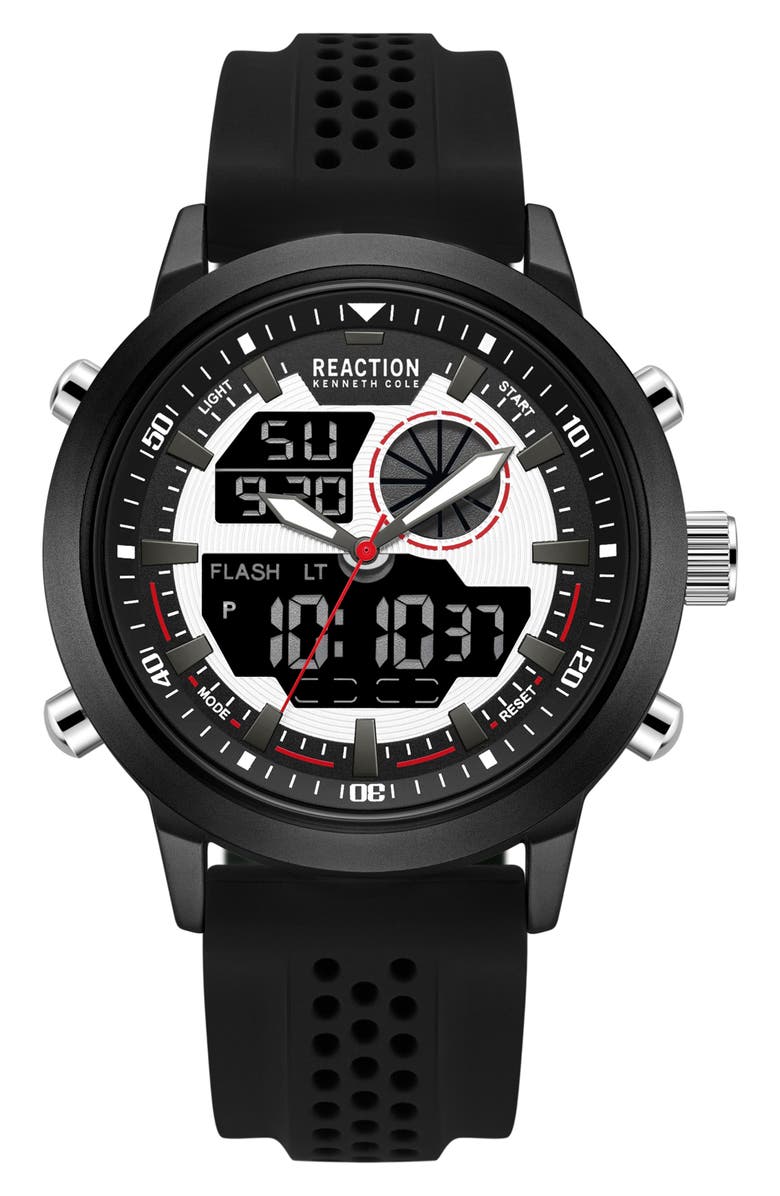 Kenneth Cole Reaction Analog & Digital Display Silicone Strap Watch, 48mm, Main, color, 