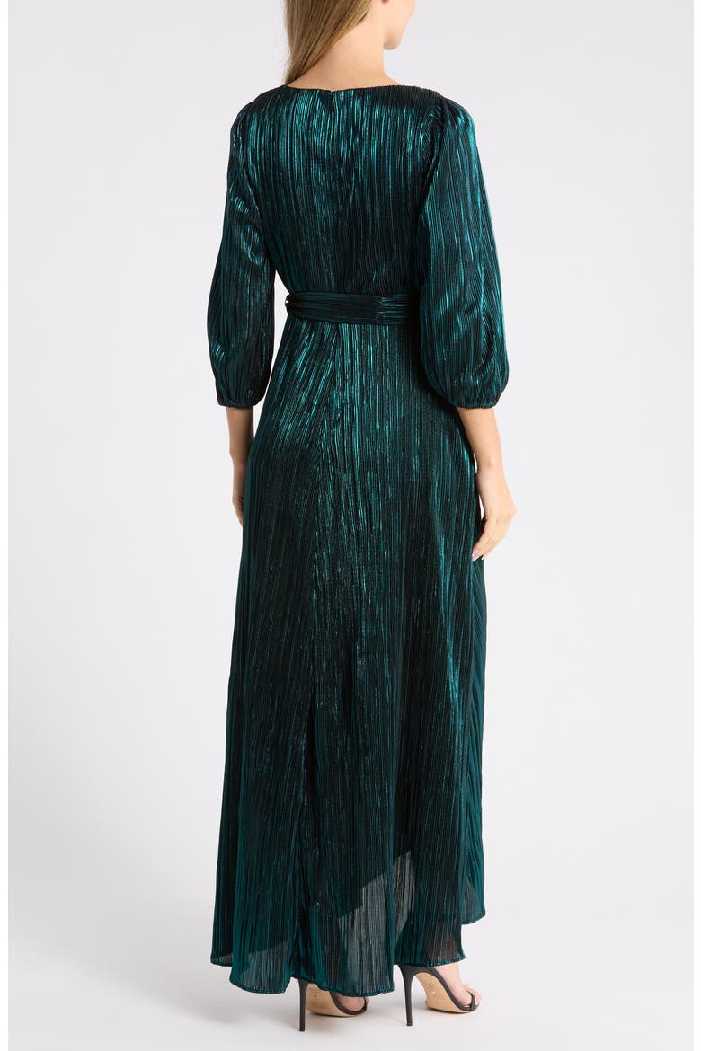 Balloon Sleeve Plissé Faux Wrap Dress, Alternate, color, BLACK/ TEAL