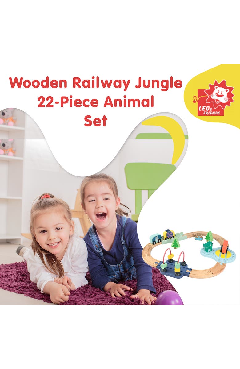 Leo & Friends Wooden Railway Jungle 22-Piece Animal Set, Magnetic Train Cars and Puzzle Railway Pieces Included, Alternate, color, Blue