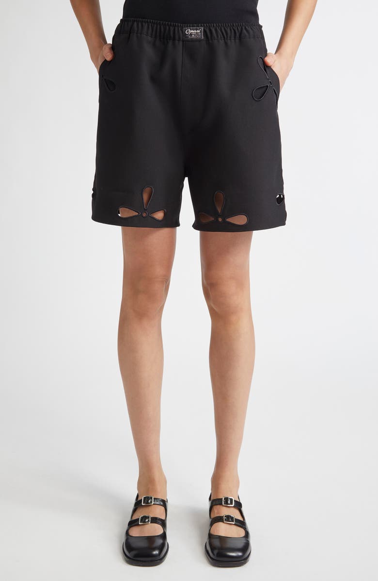 Coperni Petal Cutout Eyelet Embroidered Cutout Shorts, Main, color, Black
