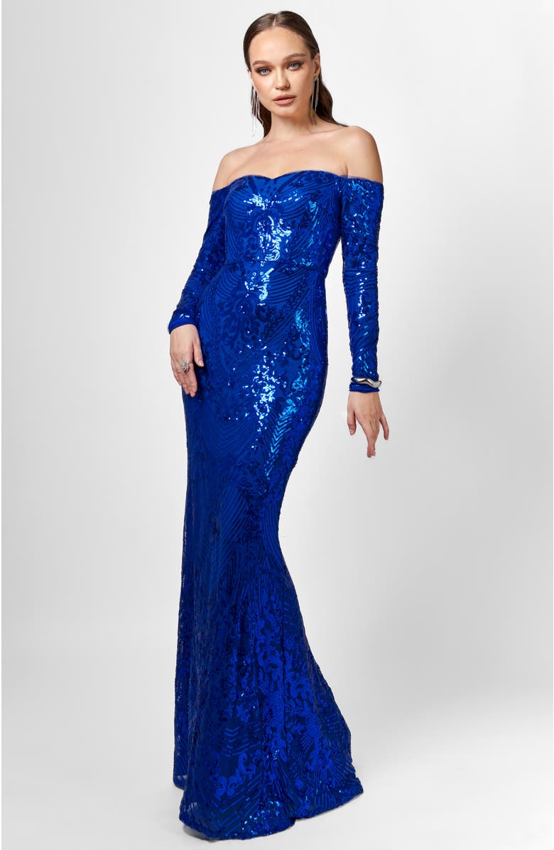 Bariano Zoya Long Sleeve Sequin Gown, Alternate, color, Cobalt