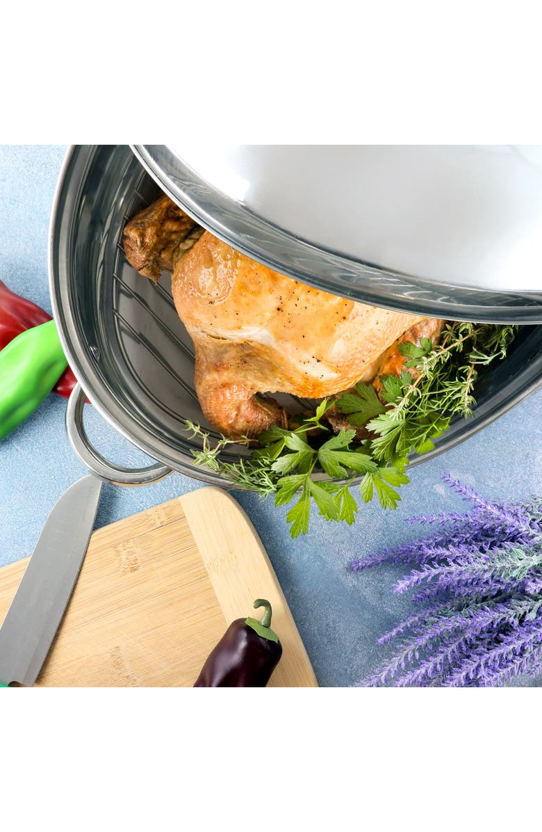 Gibson Home Hutchinson 18 Inch Oval Stainless Steel Roaster with Rack, Alternate, color, Grey