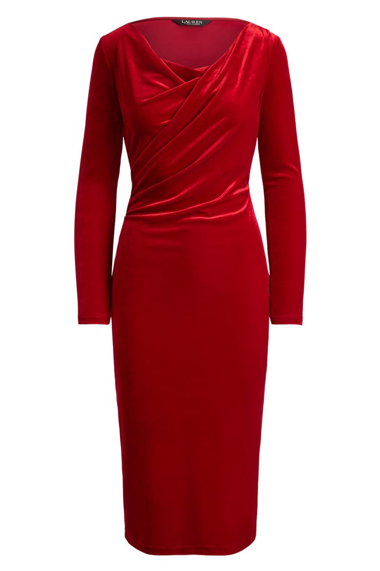 Draped Neck Long Sleeve Velvet Sheath Dress, Alternate, color, RED VELVET