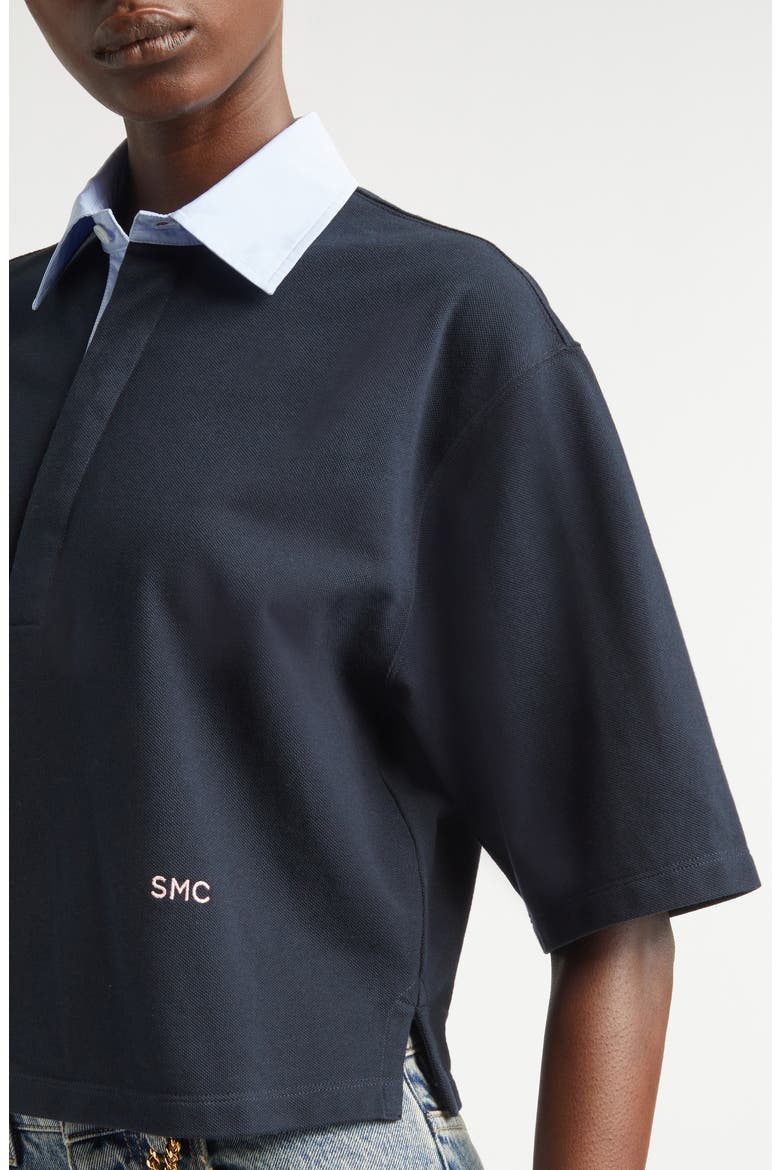 Crop Piqué Polo Shirt, Alternate, color, NAVY