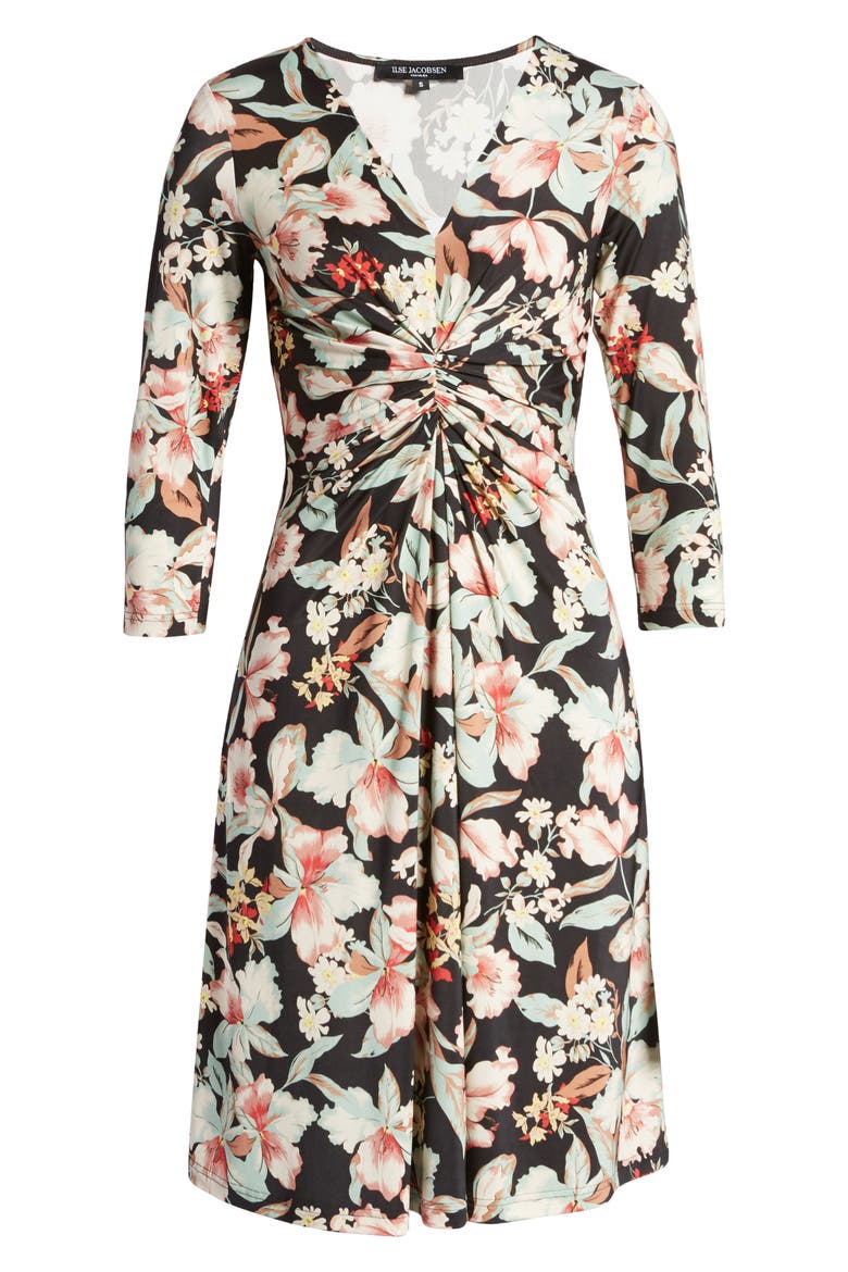 Floral Twist Front Fit & Flare Jersey Dress, Alternate, color, BLACK