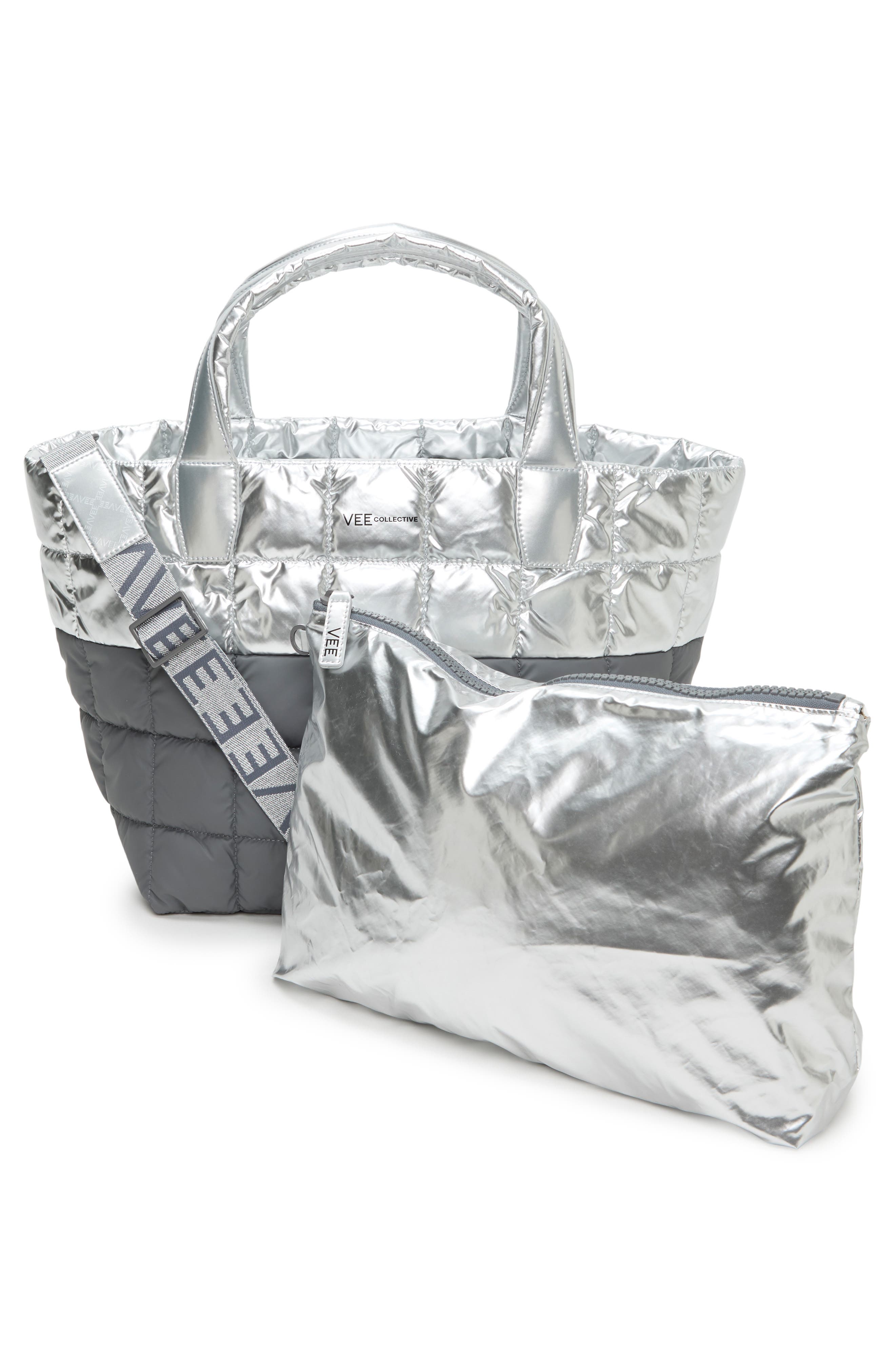 VeeCollective Medium Porter Quilted Recycled Nylon Tote, Alternate, color, Silver Grey Mul