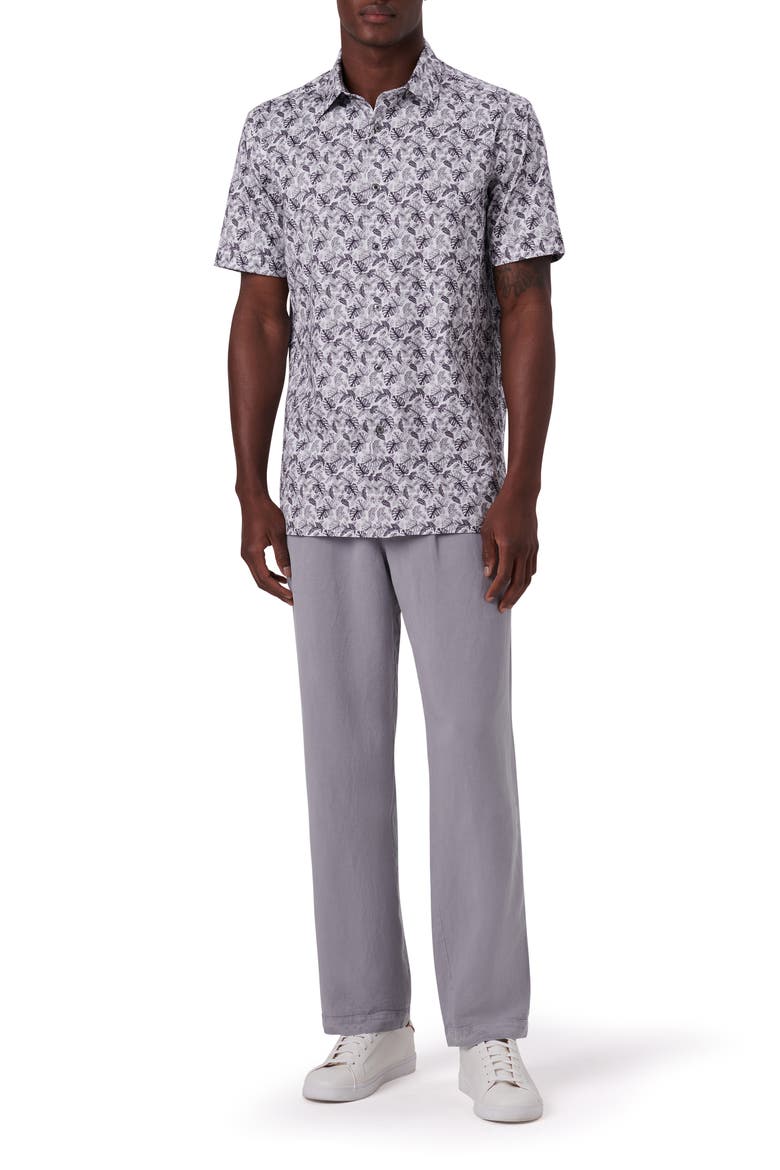 OoohCotton® Leaf Print Short Sleeve Button-Up Shirt, Alternate, color, CEMENT