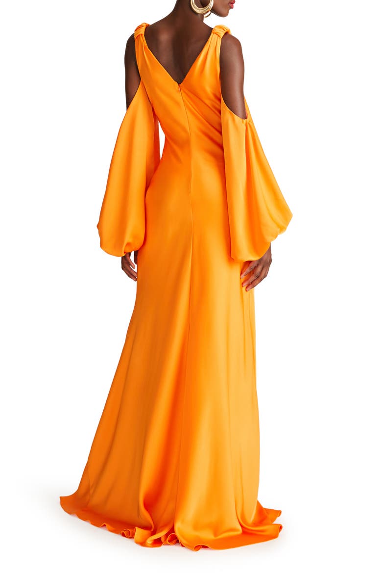 Binnie Cold Shoulder Long Sleeve Satin Gown, Alternate, color, TANGERINE