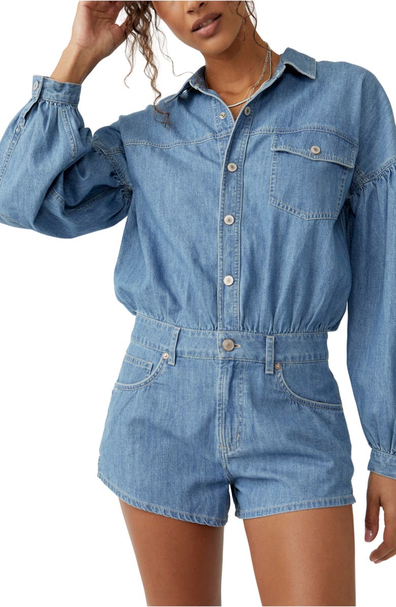 Free People Zodiac Long Sleeve Cotton Chambray Romper, Alternate, color, 