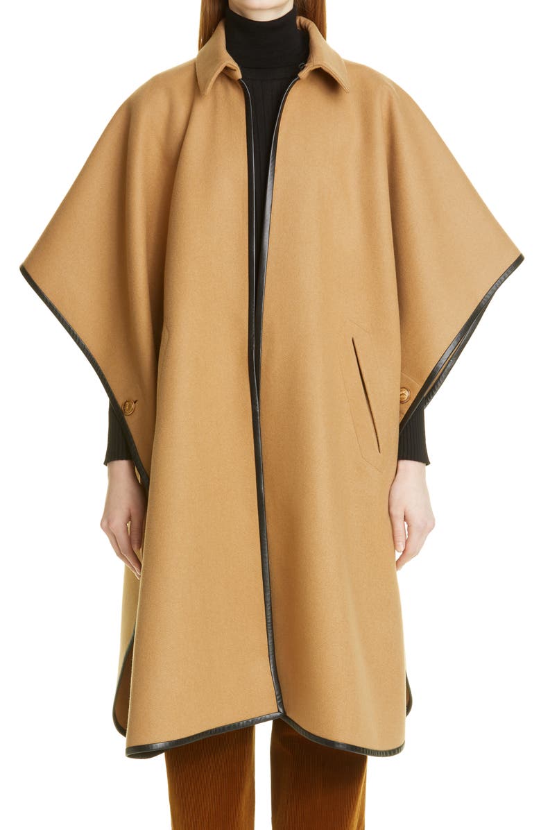 Saint Laurent Cashmere & Wool Cape with Leather Trim, Main, color,