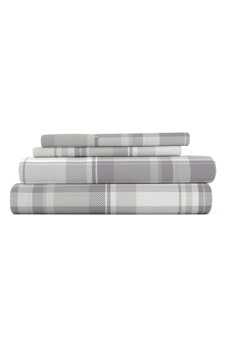HOMESPUN HOME SPUN Premium Ultra Soft Plaid 4-Piece Flannel Bed Sheet Set, Main, color, Light Gray