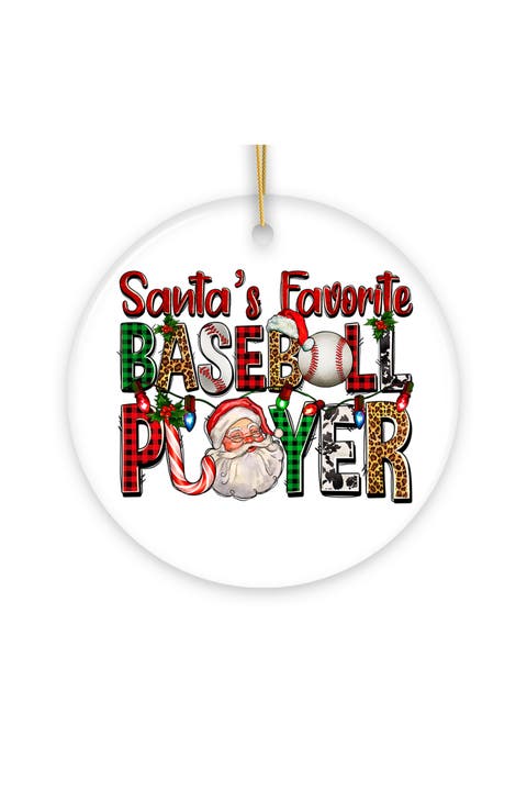 Santa Favorite Baseball Player Plaid Ceramic Ornament