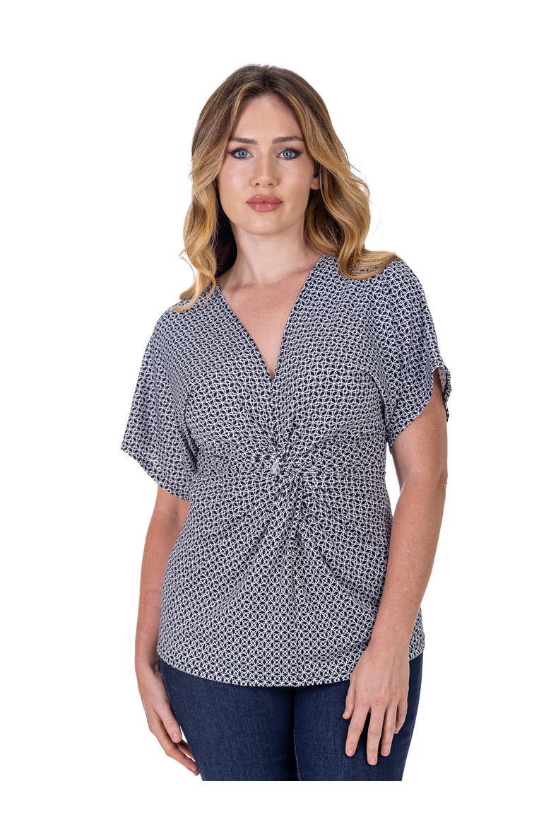 Petites V-Neck Geometric Print Knot Front Cap Sleeve Top, Main, color, Black Multi