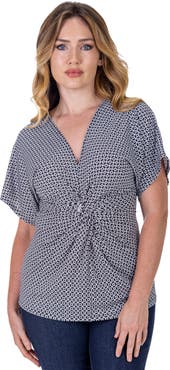 24seven Comfort Apparel Petites V-Neck Geometric Print Knot Front Cap Sleeve Top