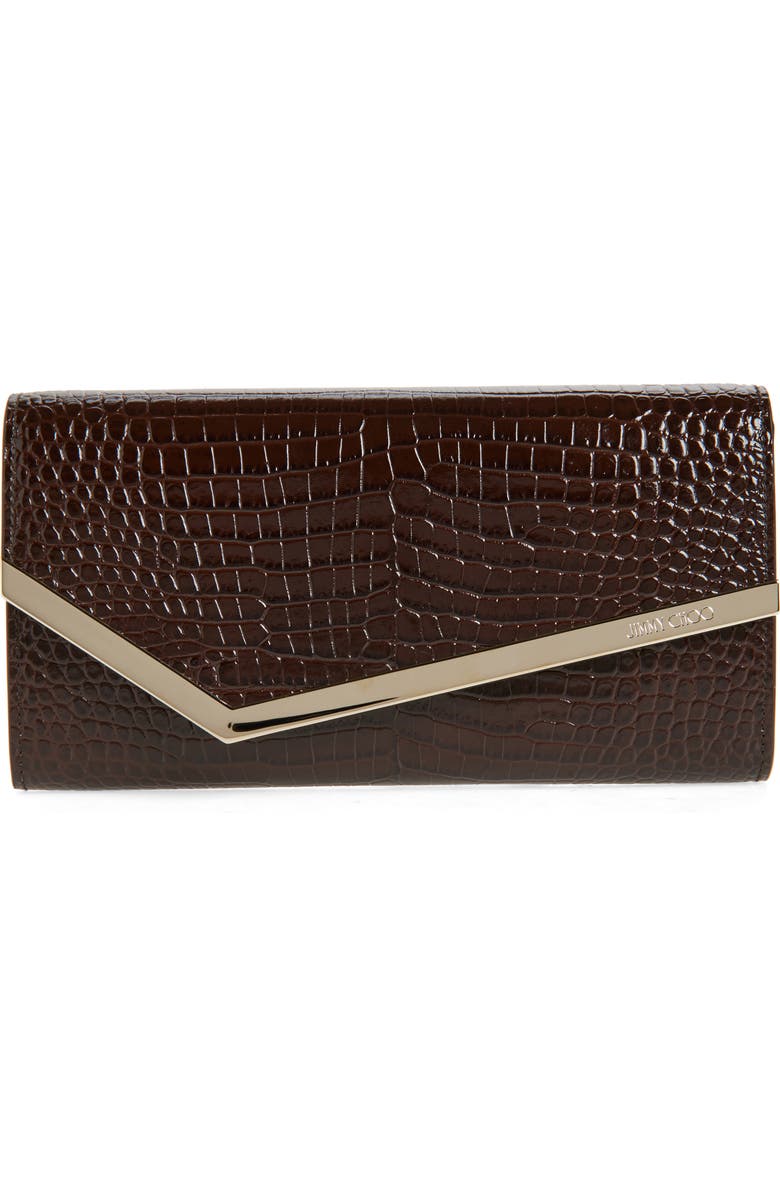 Jimmy Choo Emmie Croc Embossed Leather Clutch, Main, color, Chocolate/ Light Gold