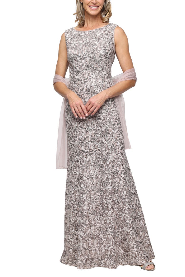 Beaded Floral Gown with Shawl, Main, color, MINK/ SILVER