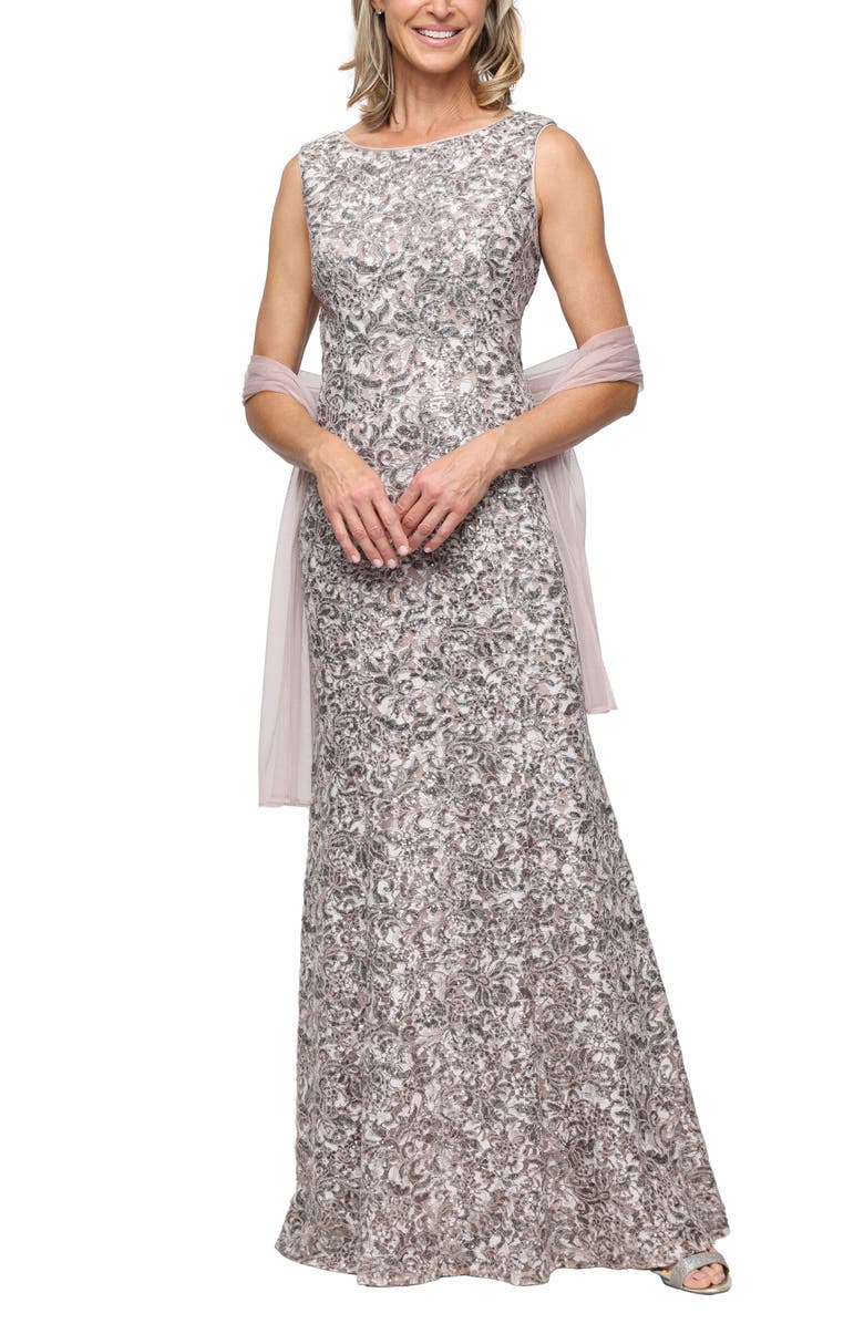 Alex Evenings Beaded Floral Gown with Shawl, Main, color, Mink/ Silver