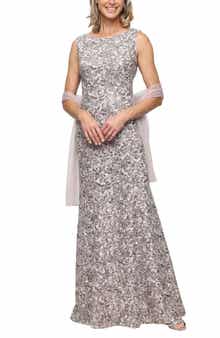Beaded Floral Gown with Shawl