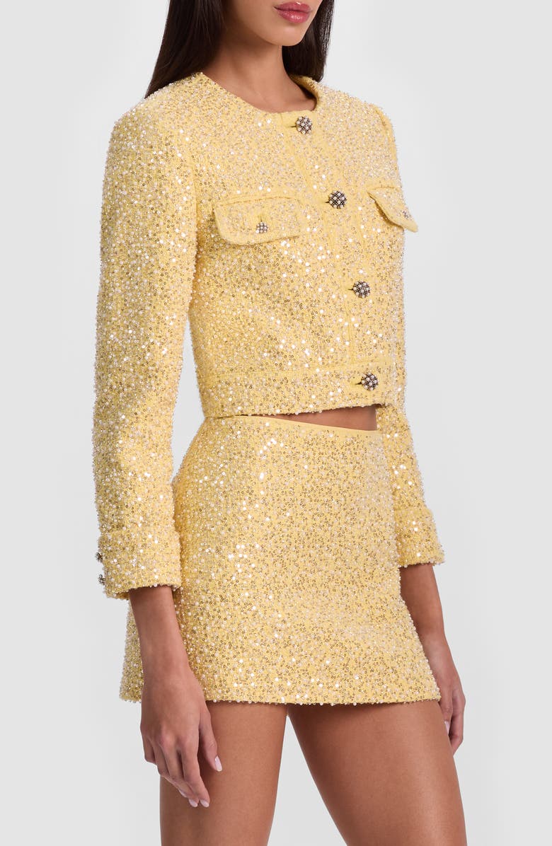 Alice + Olivia Lorie Embellished Crop Tweed Jacket, Alternate, color, Butter