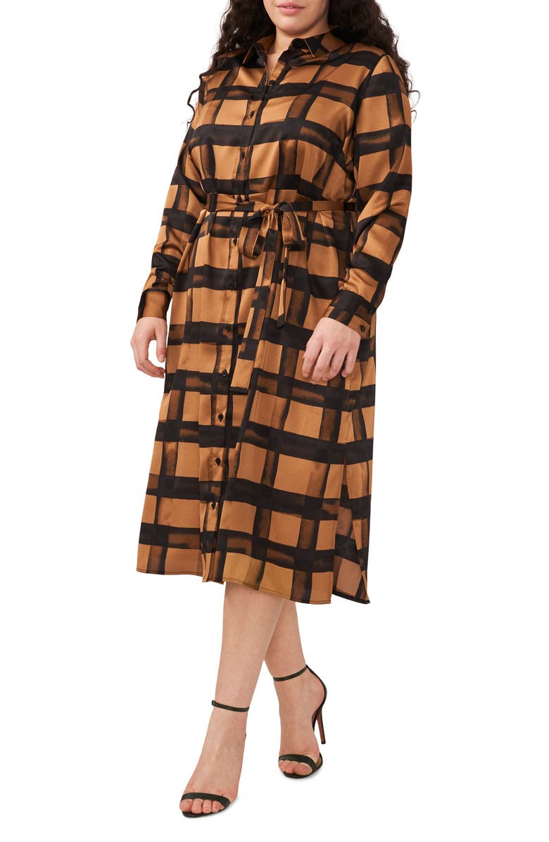Halogen<sup>®</sup> Grid Pattern Long Sleeve Tie Waist Midi Shirtdress, Main, color, 