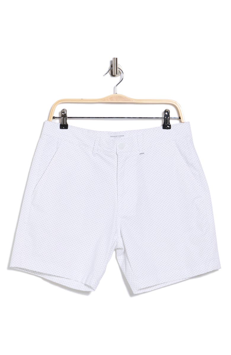 DENIM AND FLOWER Geo Print Stretch Cotton Shorts, Main, color, White