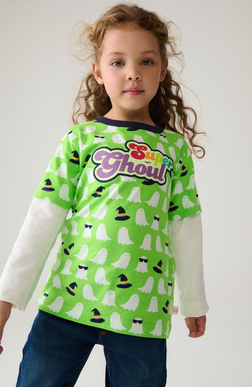 Little Bird Kids' Super Ghoul Long Sleeve Layered Look Cotton Graphic T-shirt In Green