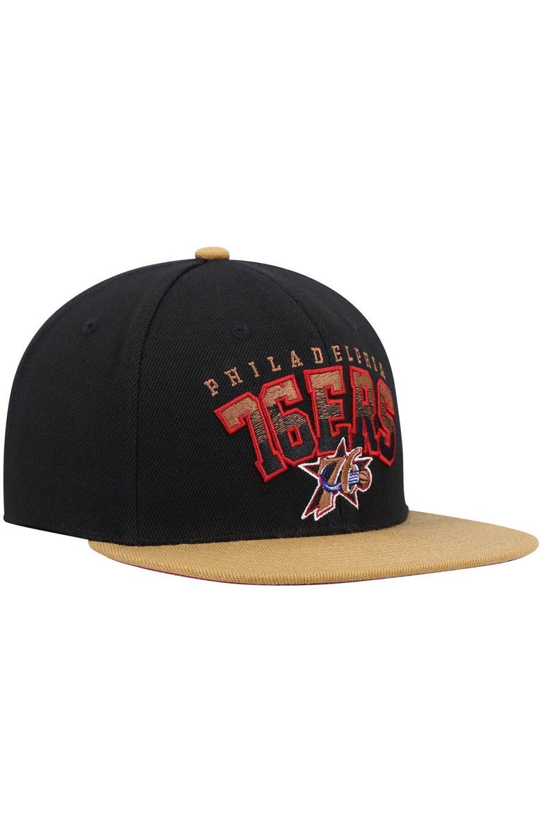 Mitchell & Ness Men's Mitchell & Ness Black/Tan Philadelphia 76ers Hardwood Classics Gradient Wordmark Snapback Hat, Alternate, color, 