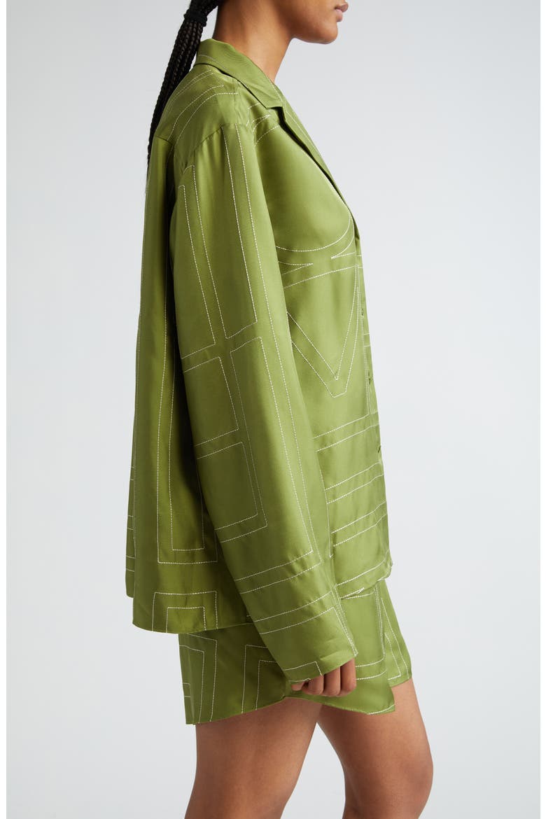 Monogram Embroidered Silk Button-Up Shirt, Alternate, color, LAUREL