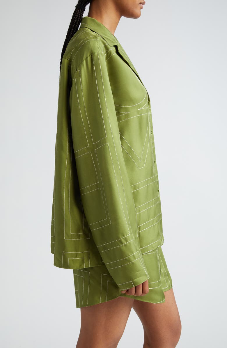 TOTEME Monogram Embroidered Silk Button-Up Shirt, Alternate, color, Laurel