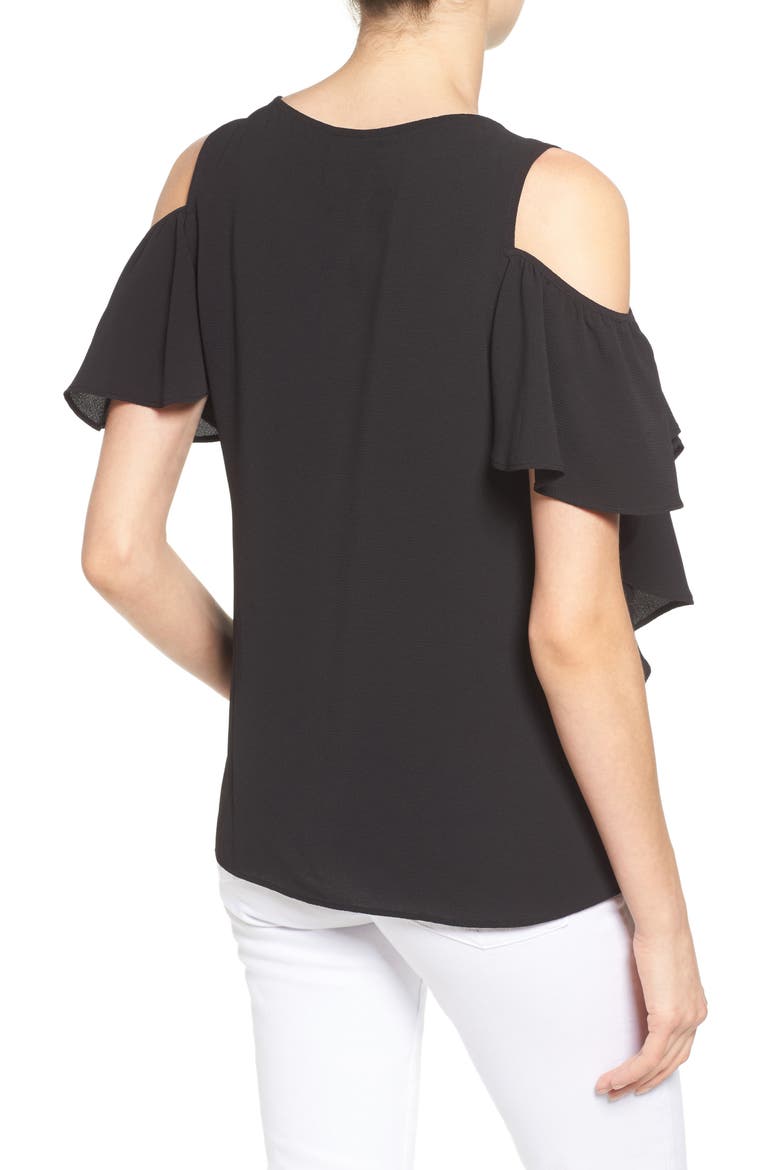 Cold Shoulder Ruffle Sleeve Top, Alternate, color, BLACK
